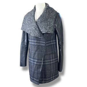Vera Wang Wool Blend Plaid Coat Women's XS Faux Leather Sleeves